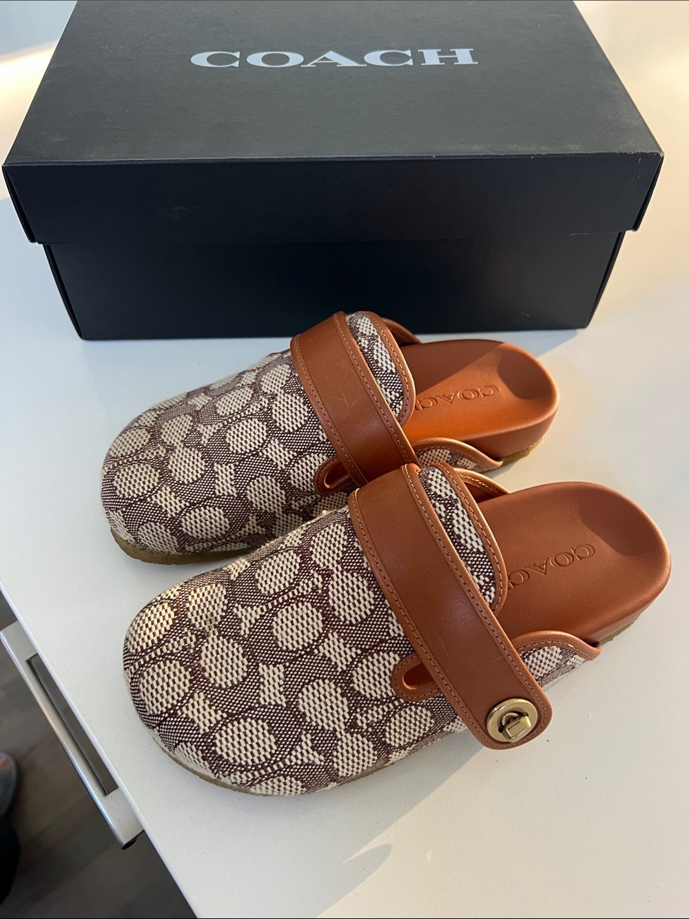 Coach blake cocoa burnished amber jacquard logo mules clogs turnlock straps 5